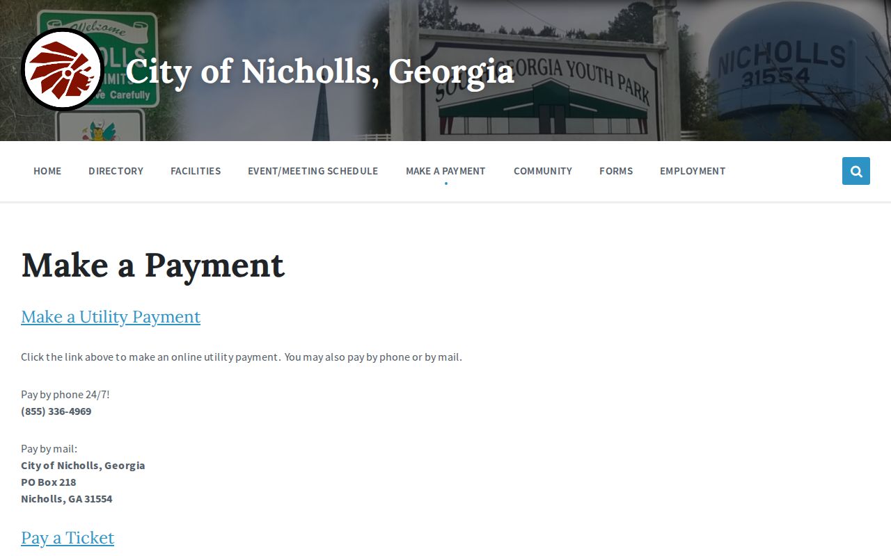 Official Nicholls payment page with Pay a Ticket route and City Hall contact