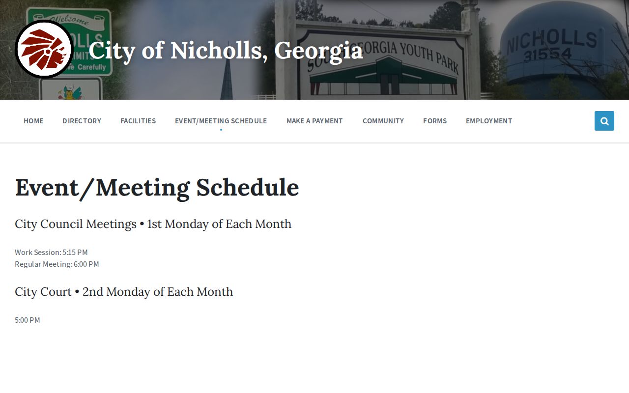 Official Nicholls schedule showing City Court on the second Monday at 5 p.m.