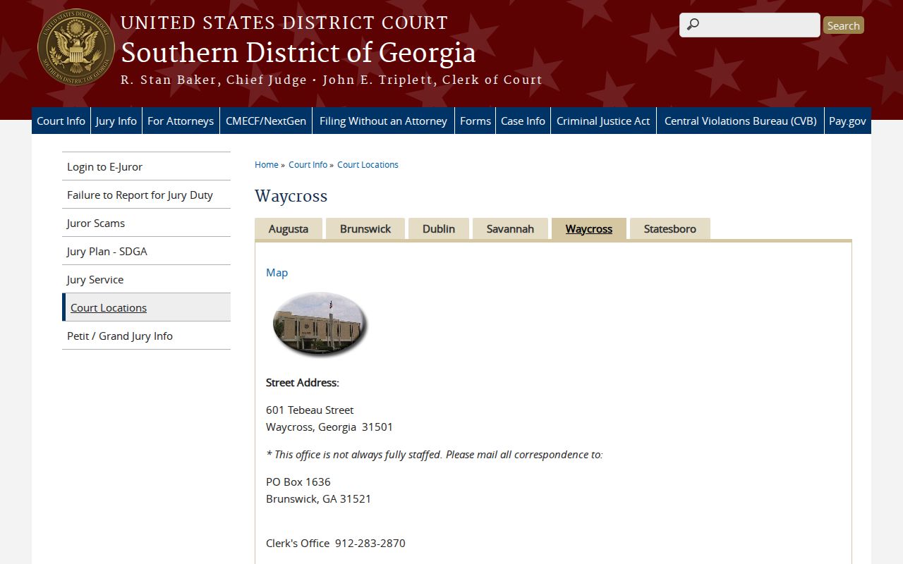 Southern District of Georgia Waycross federal courthouse page