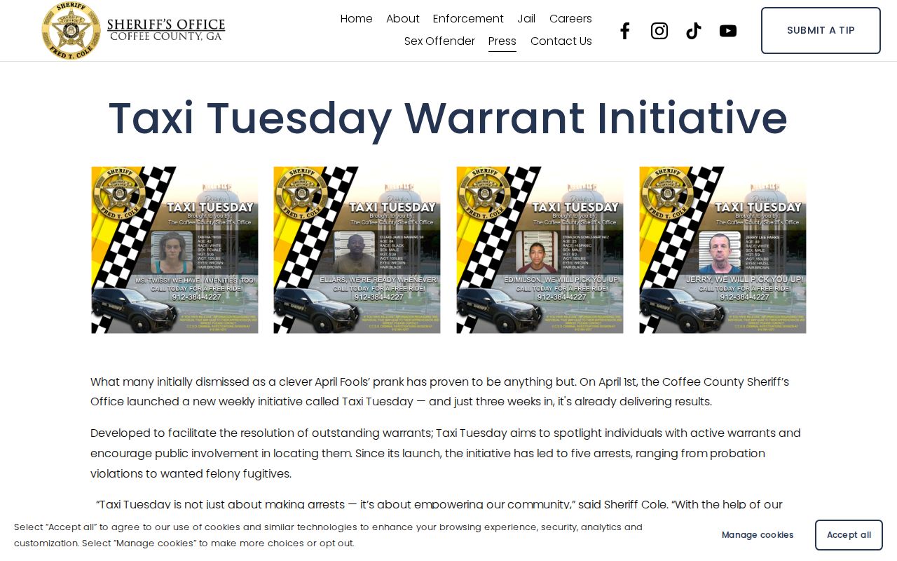 Coffee County Sheriff Taxi Tuesday warrant initiative announcement