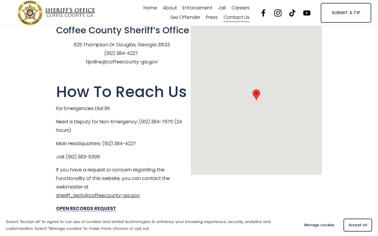 Coffee County Sheriff's Office contact page with headquarters, jail, and non-emergency information