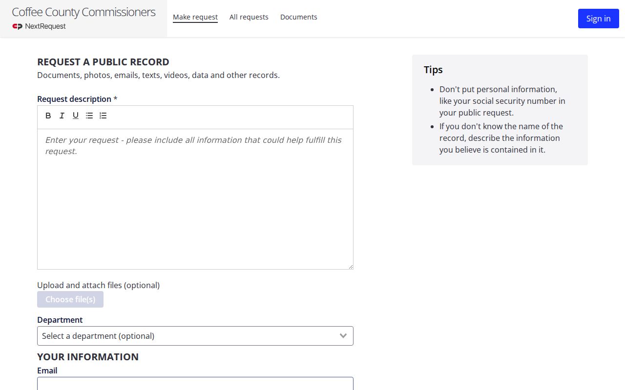 Coffee County public records new-request interface