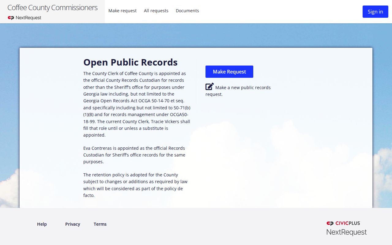 Coffee County NextRequest records portal landing page